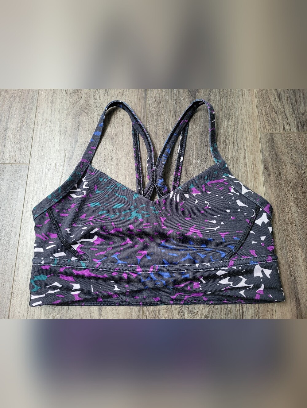 Lululemon Strappy Black Printed Sports Bra - Purple & Blue Accents